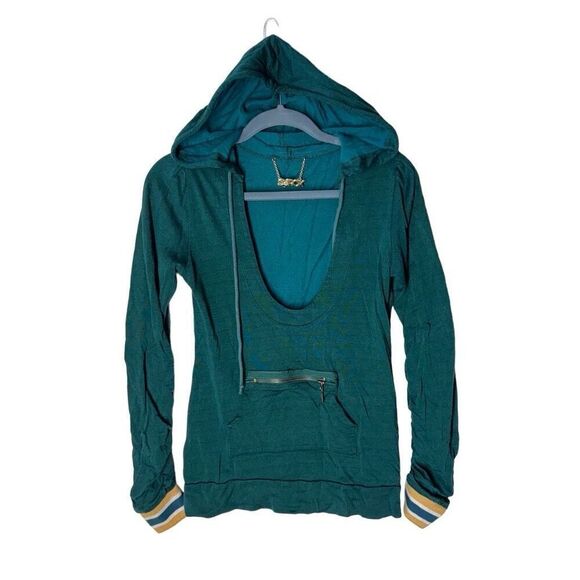 LaROK Scoop Neck Hoodie Sweatshirt Silky Emerald Small Distressed - Picture 1 of 9
